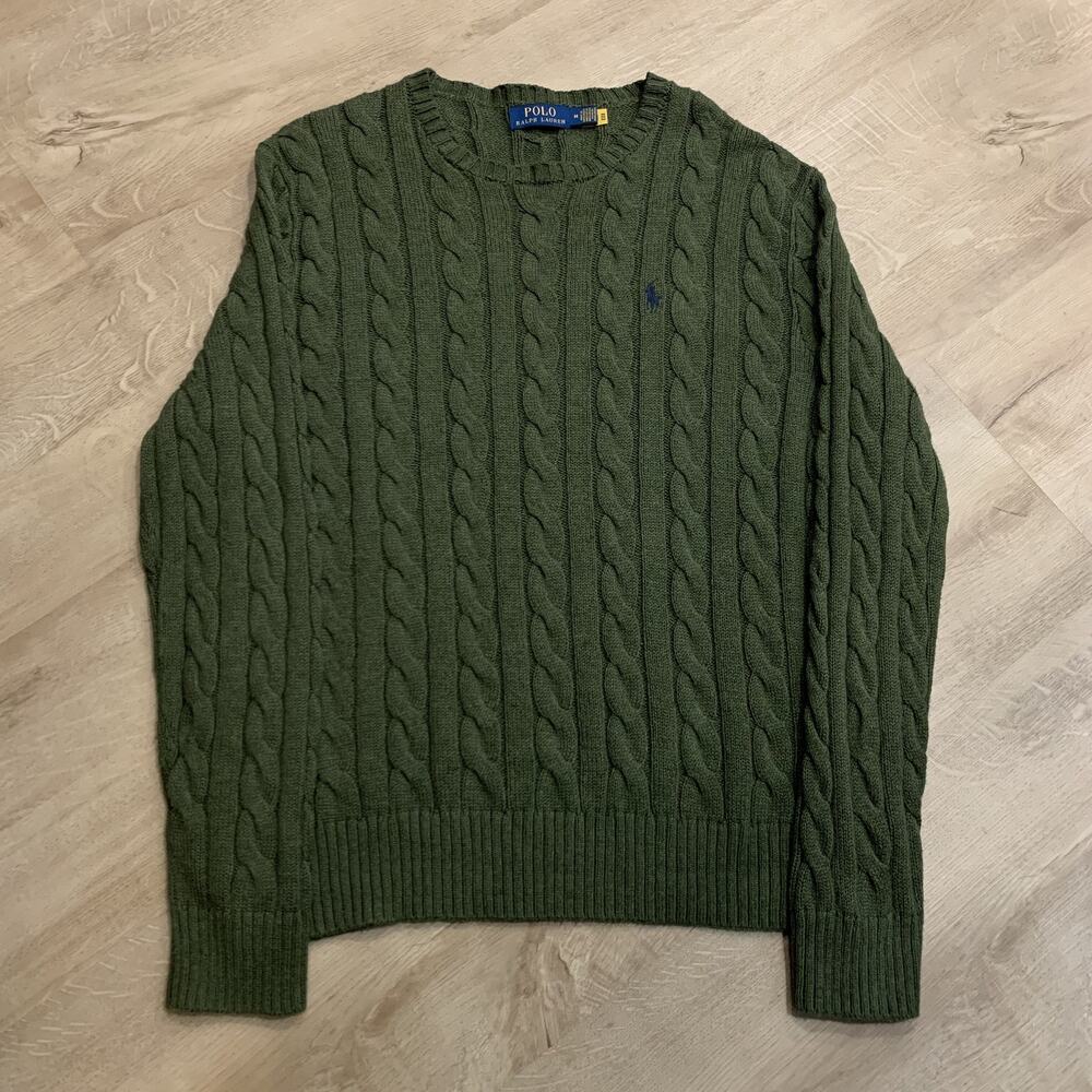 Polo Ralph Lauren Cable Knit Sweater Men's Medium M Sage Green Crewneck Pullover